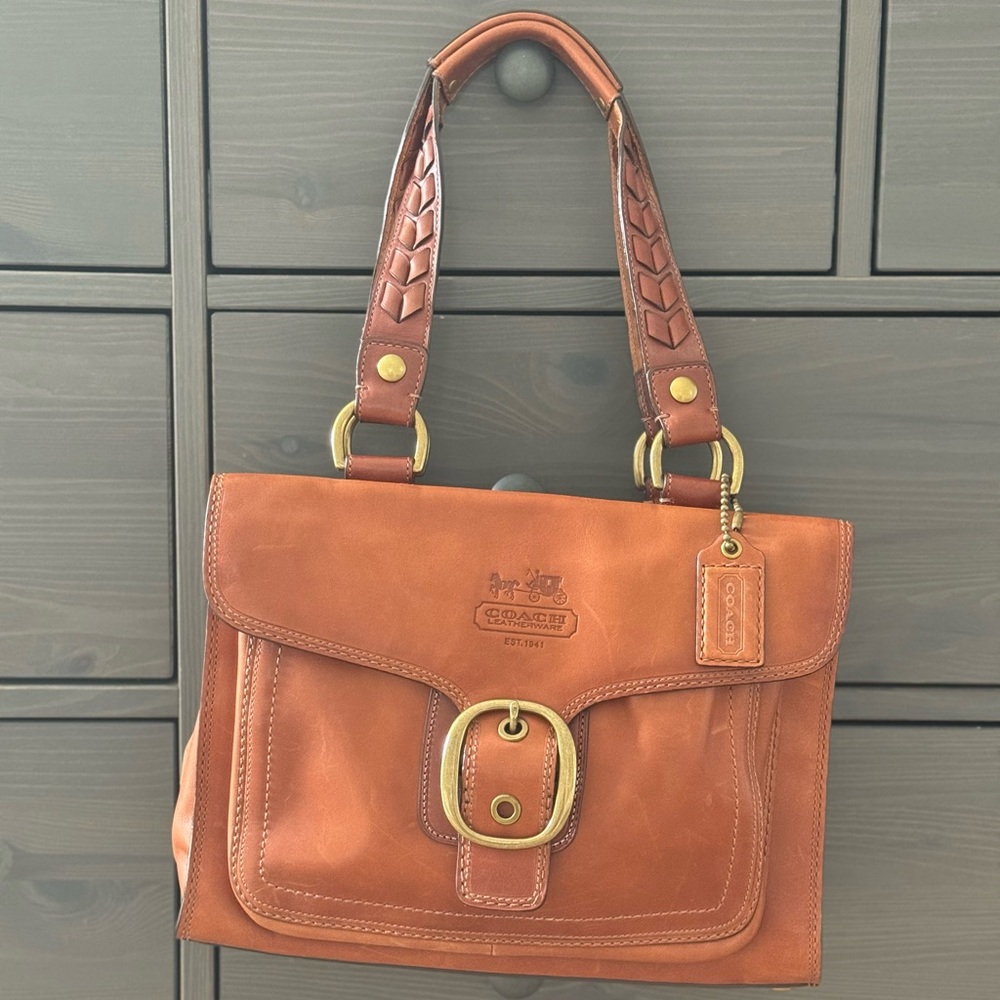 Coach Bleecker Tattersall Burnished Vachetta leather shoulder tote bag